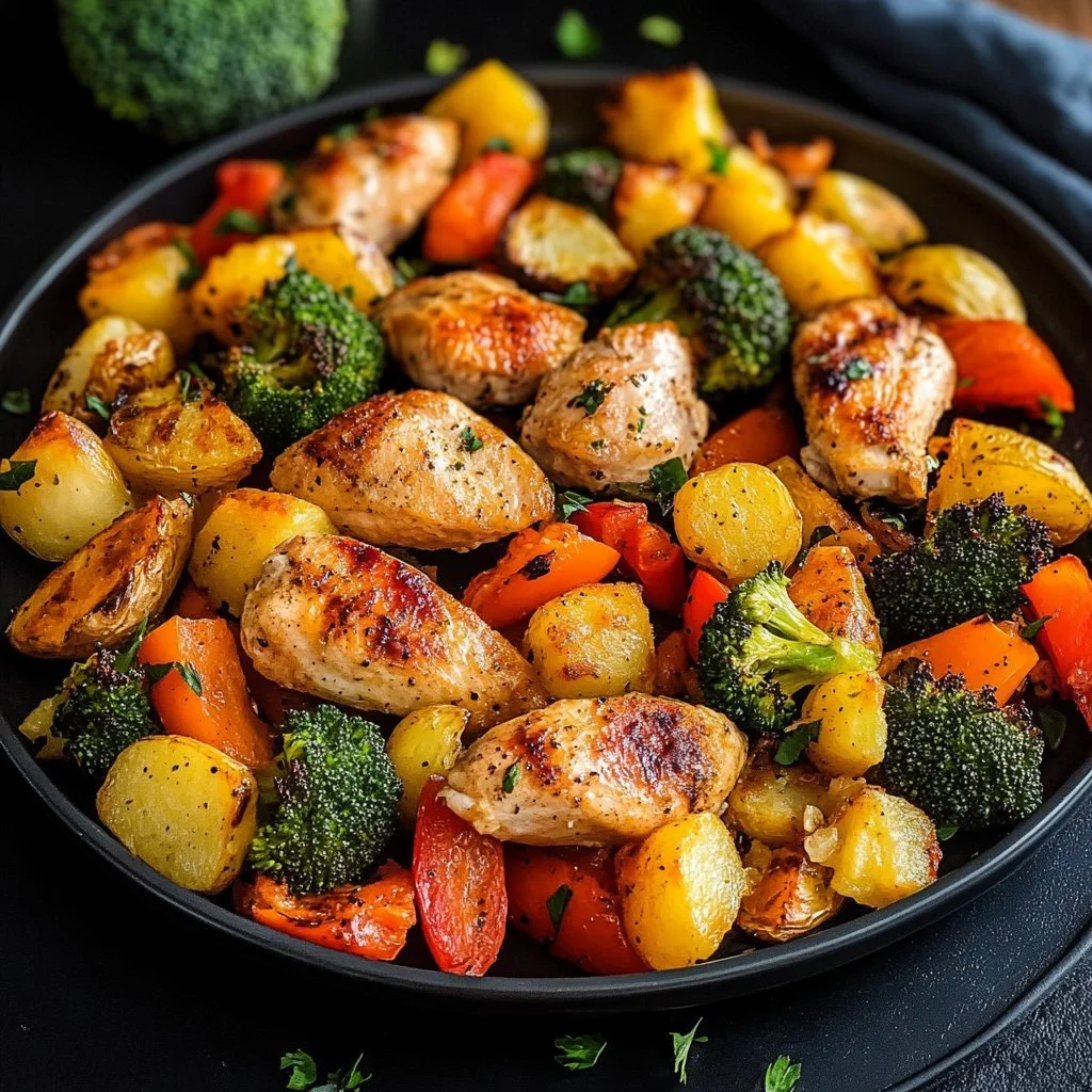 Pollo e verdure cotte nella friggitrice ad aria, piatto sano e gustoso.