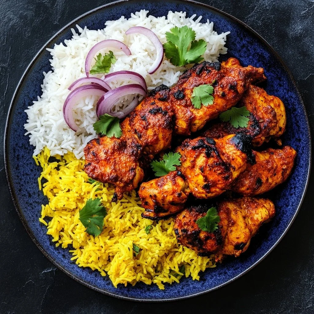 Pollo Tandoori speziato servito con contorni tradizionali indiani