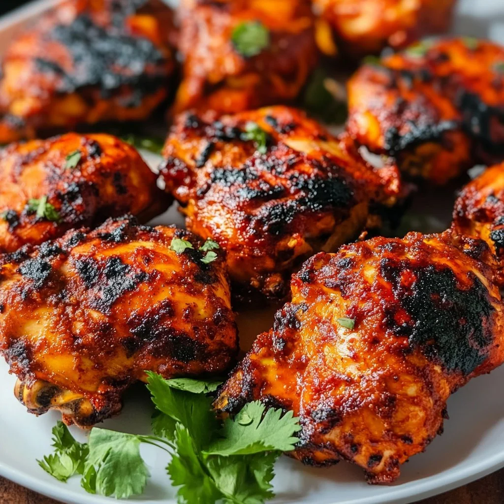 Pollo Tandoori cucinato con spezie aromatizzate e servito su un piatto rustico