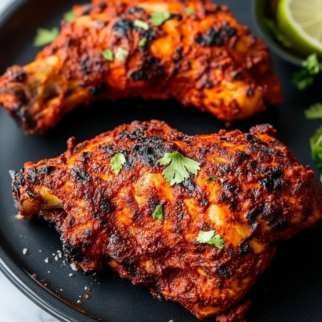 Pollo Tandoori speziato servito con riso e salsa allo yogurt