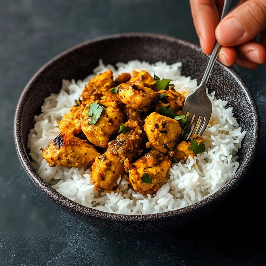 Piatto di Pollo Tandoori con Riso, decorato con spezie aromatiche e erbe fresche.