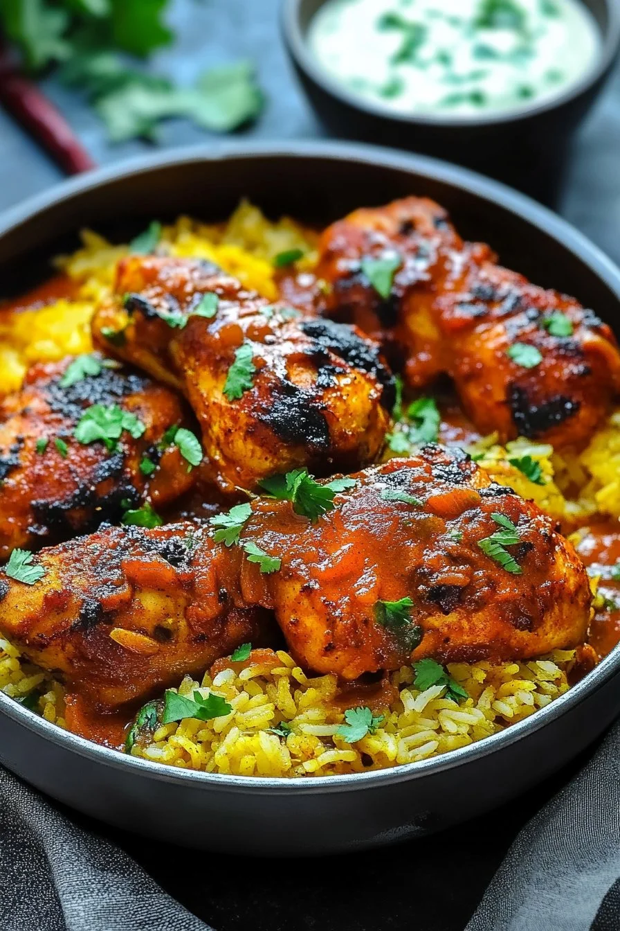 Pollo Tandoori in salsa, riso al curry e cipolle caramellate