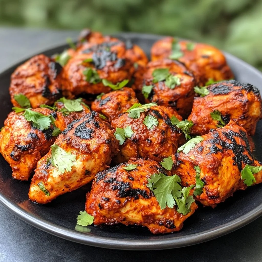 Piatto di Pollo Tandoori Tikka servito con contorni colorati e spezie