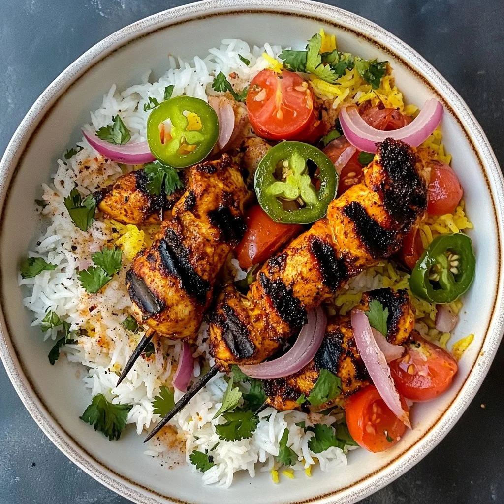 Pollo Tikka cotto nella friggitrice ad aria con riso speziato