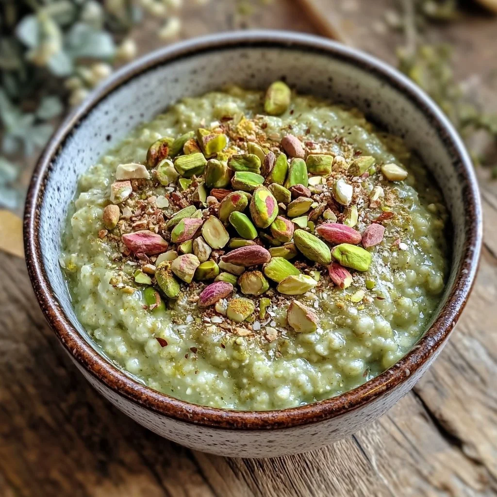 Porridge al pistacchio servito in una ciotola con topping di frutta secca