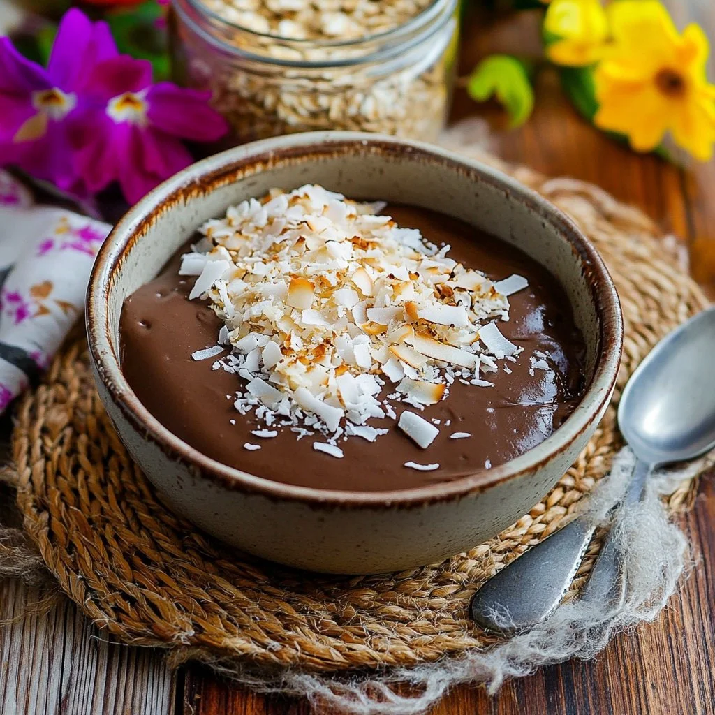 Porridge Bounty con cocco e cioccolato servito in una ciotola