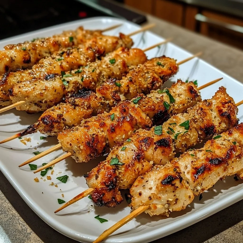 Spiedini di pollo croccanti all'aglio e parmigiano su un piatto
