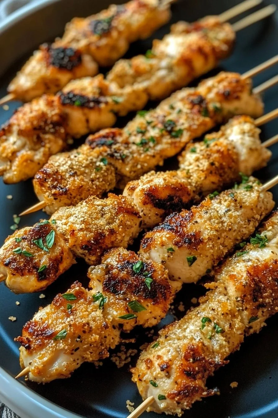 Spiedini di pollo croccanti all'aglio e parmigiano
