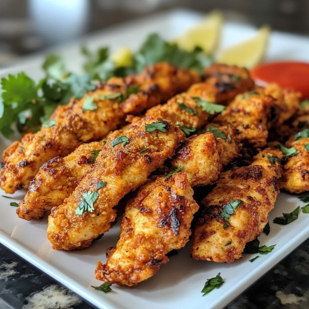 Strisce di pollo tandoori panate croccanti servite su un piatto