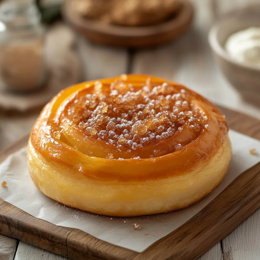 Tarte Tropézienne con crema mousseline su un piatto decorativo