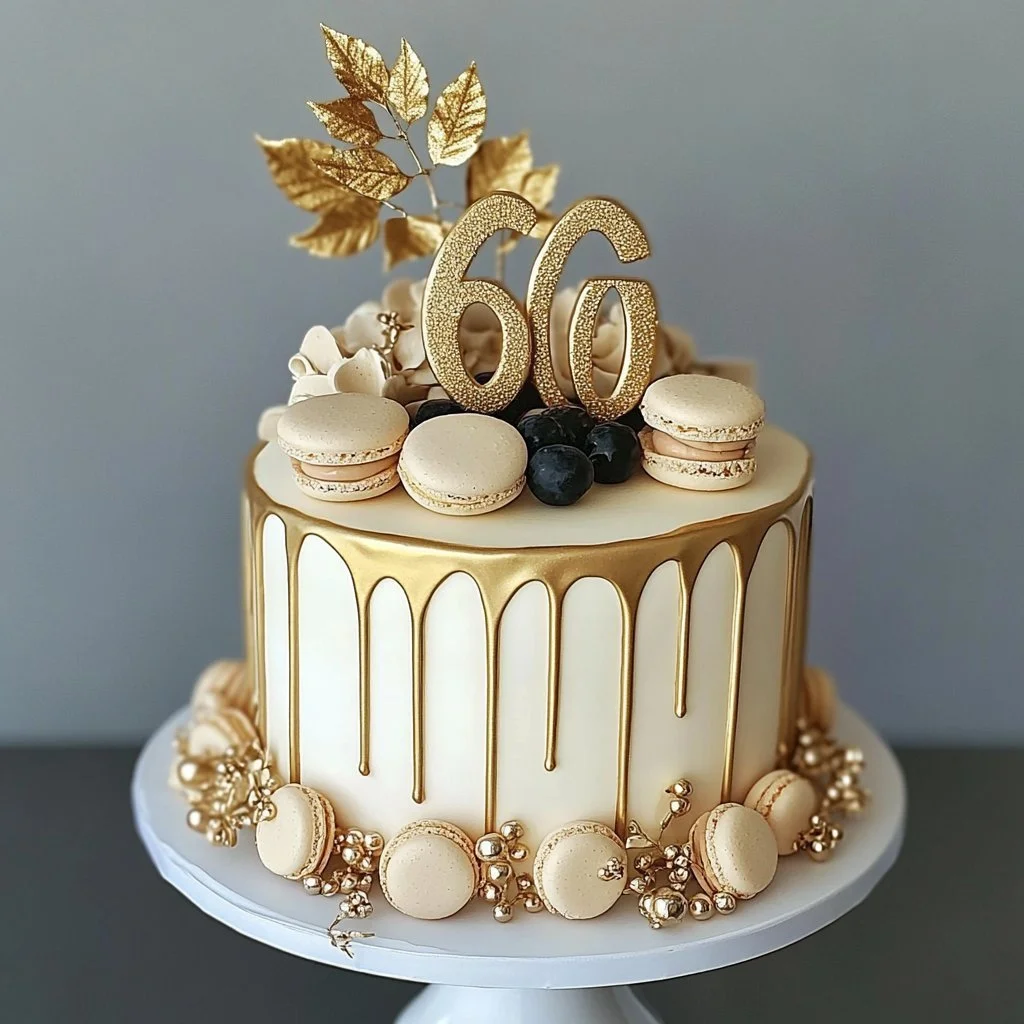 Torta a strati bianca e dorata decorata con crema e frutta