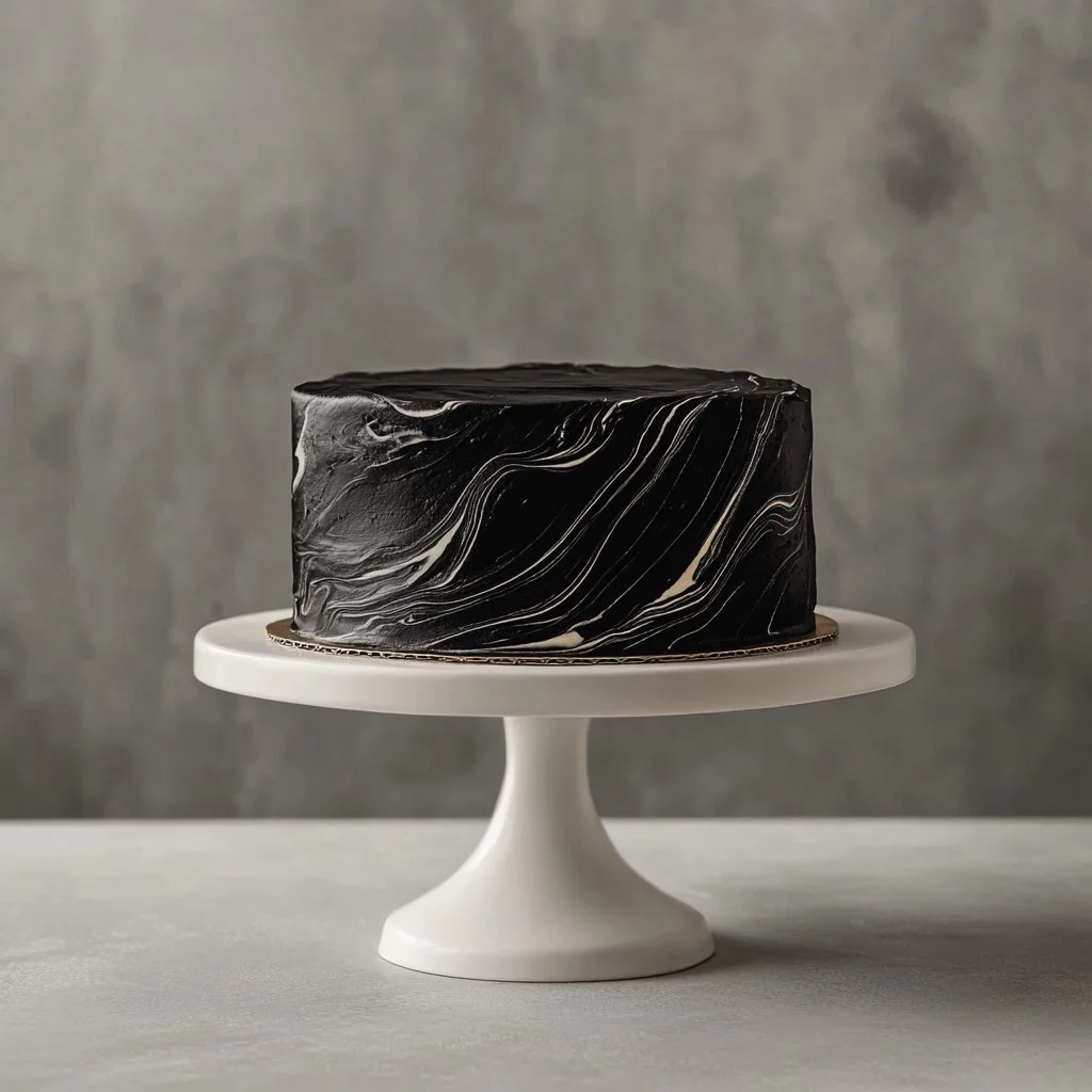 Fetta di torta al burro di marmo nero decorata con cioccolato.