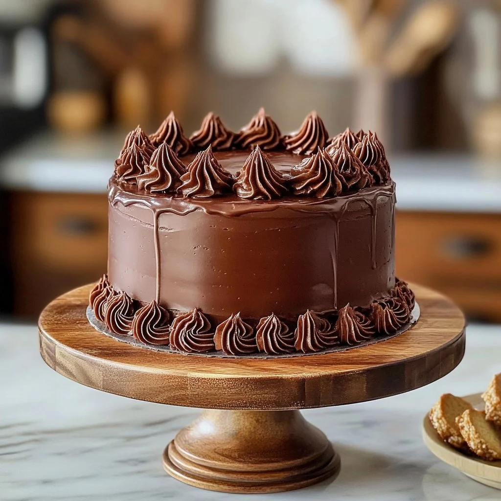 Torta al cioccolato pralinato con decorazioni di cioccolato fondente