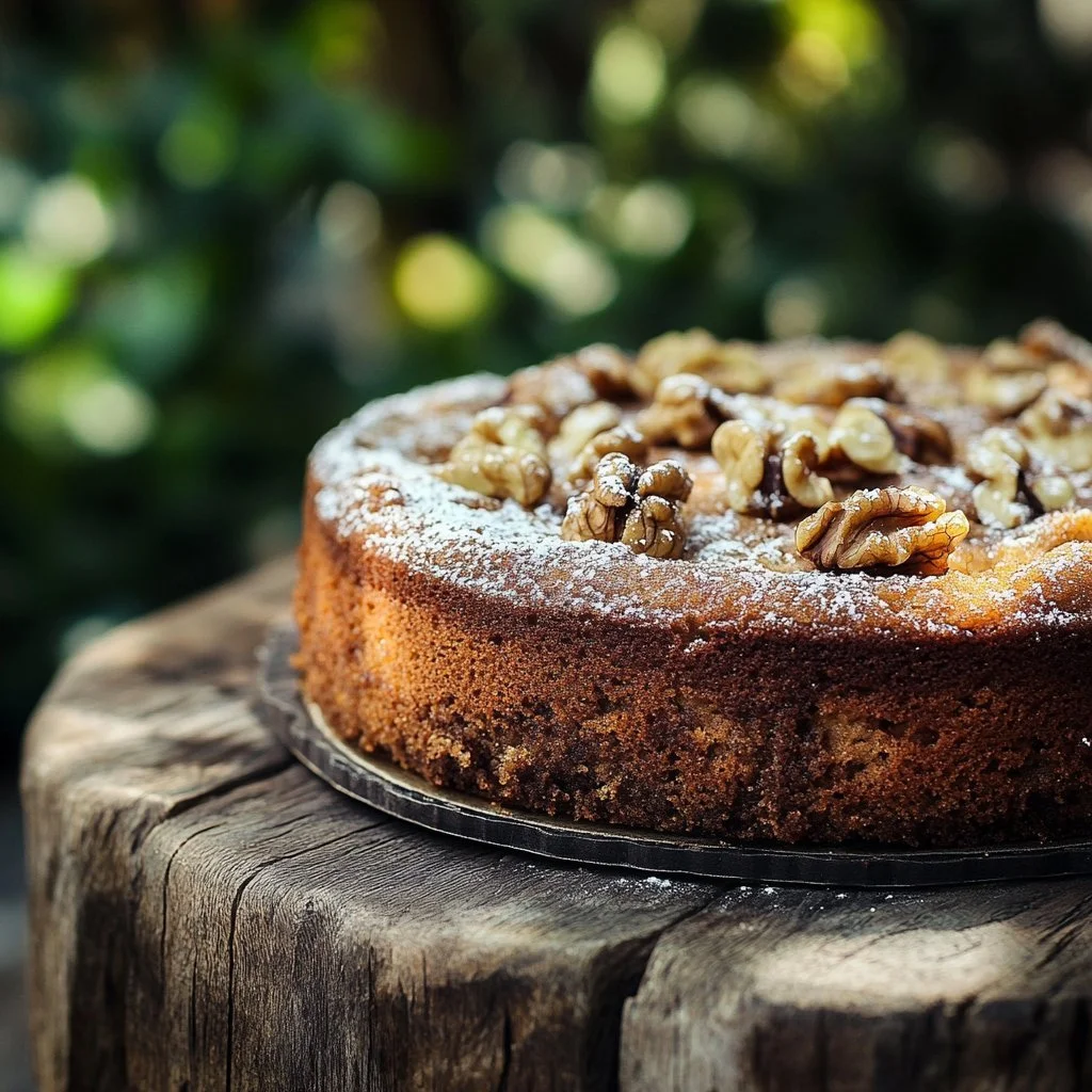 Torta alle noci fondente servita su un piatto elegante con noci decorativi.