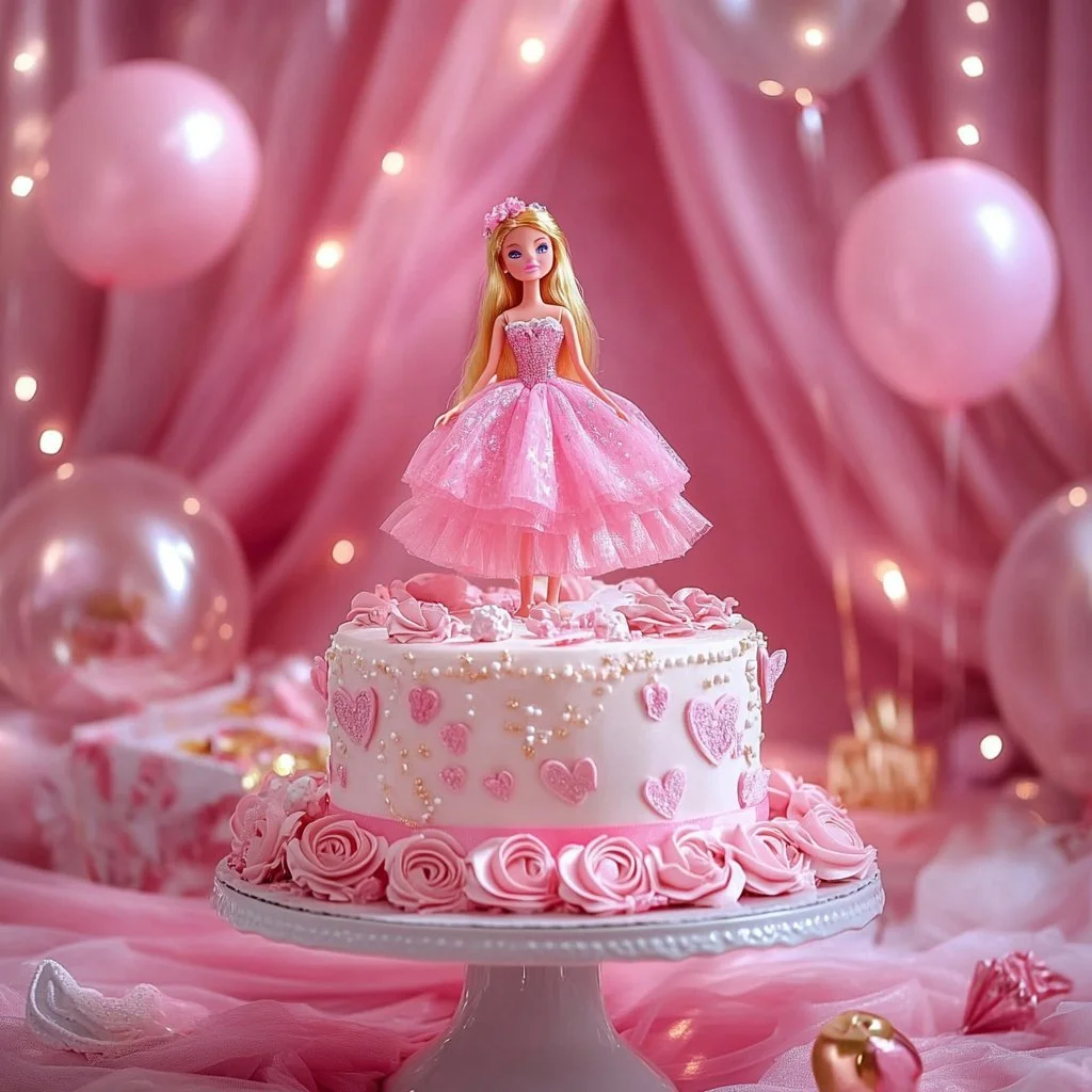 Torta Barbie colorata decorata con elementi ispirati al mondo di Barbie.
