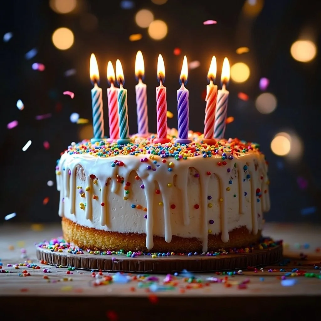 Deliziosa torta di compleanno decorata con glassa colorata e candele
