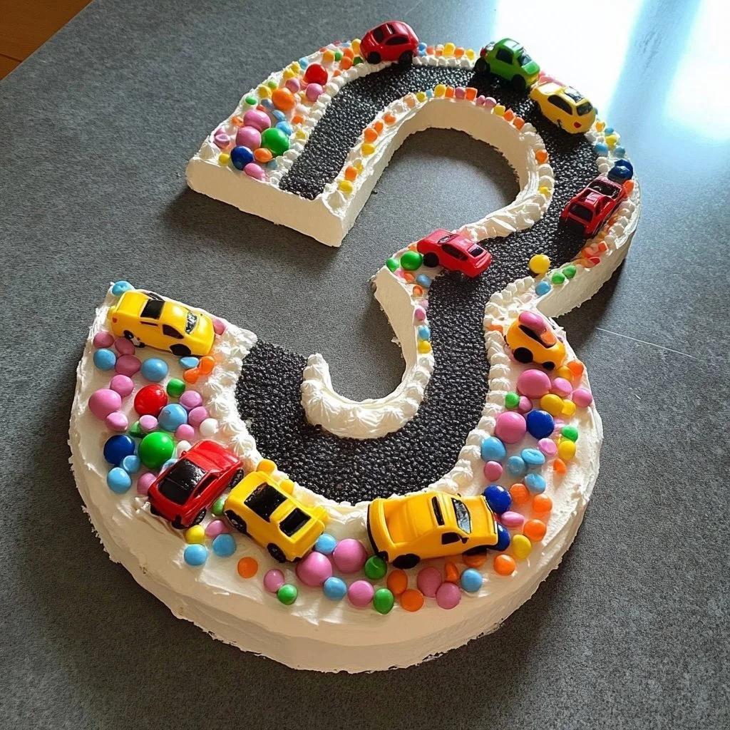 Torta di compleanno a forma di auto decorata con dettagli colorati