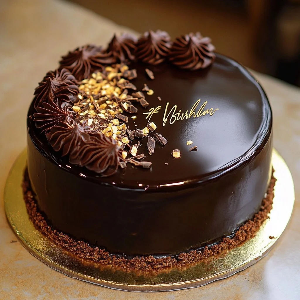 Torta di compleanno al cioccolato decorata con frutta e cioccolato