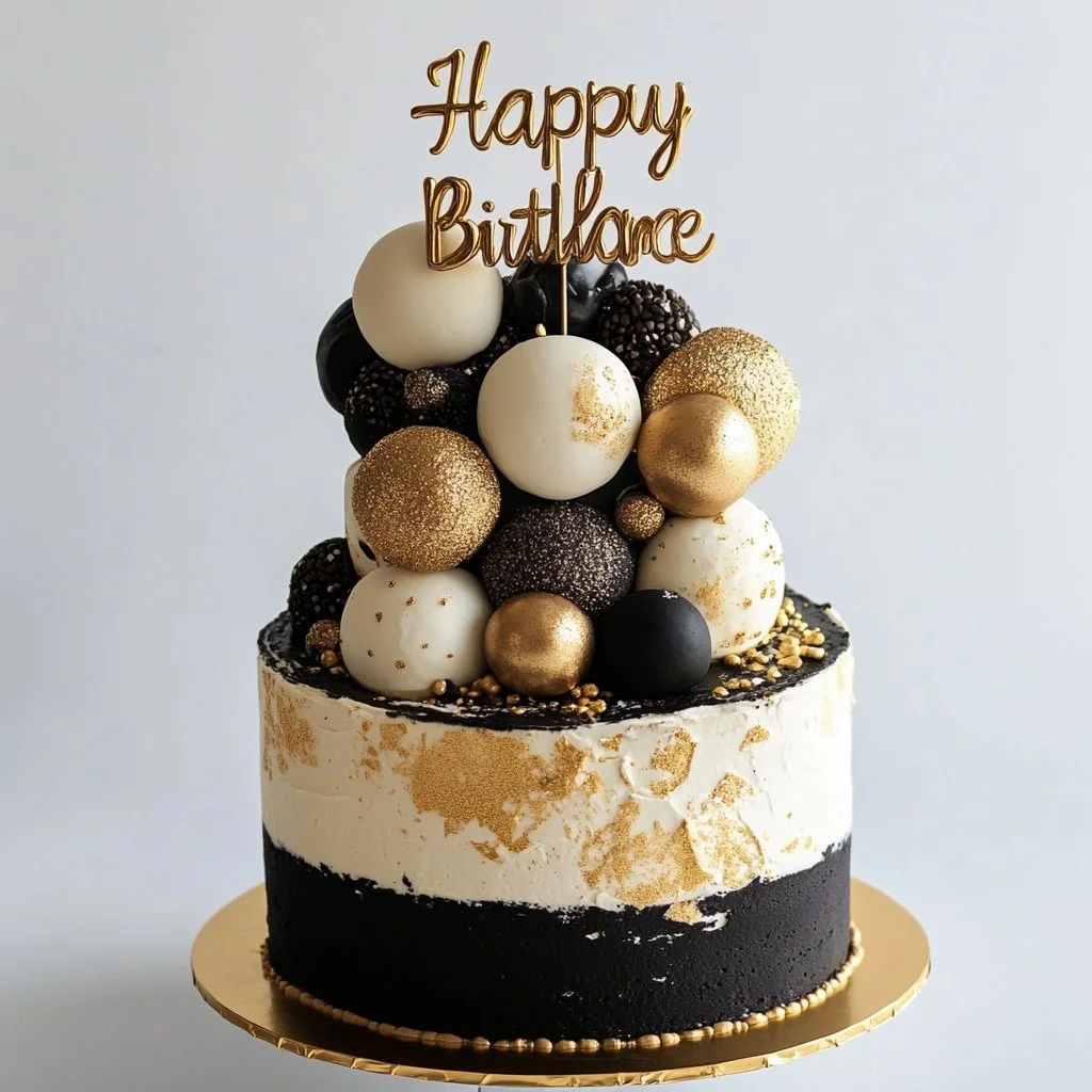 Torta di compleanno nera, bianca e dorata decorata con eleganza.