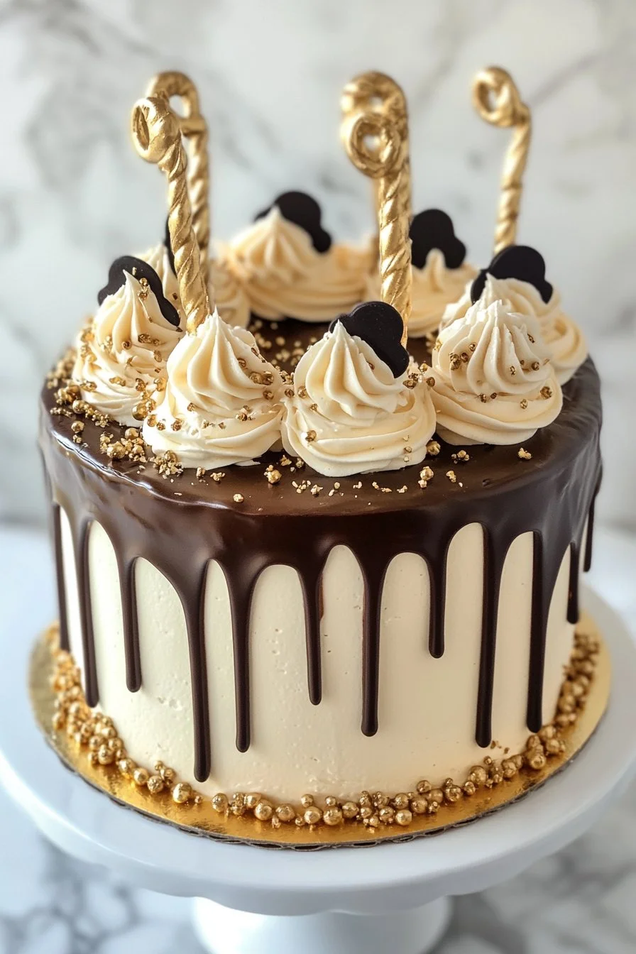 Torta di compleanno nera, bianca e dorata