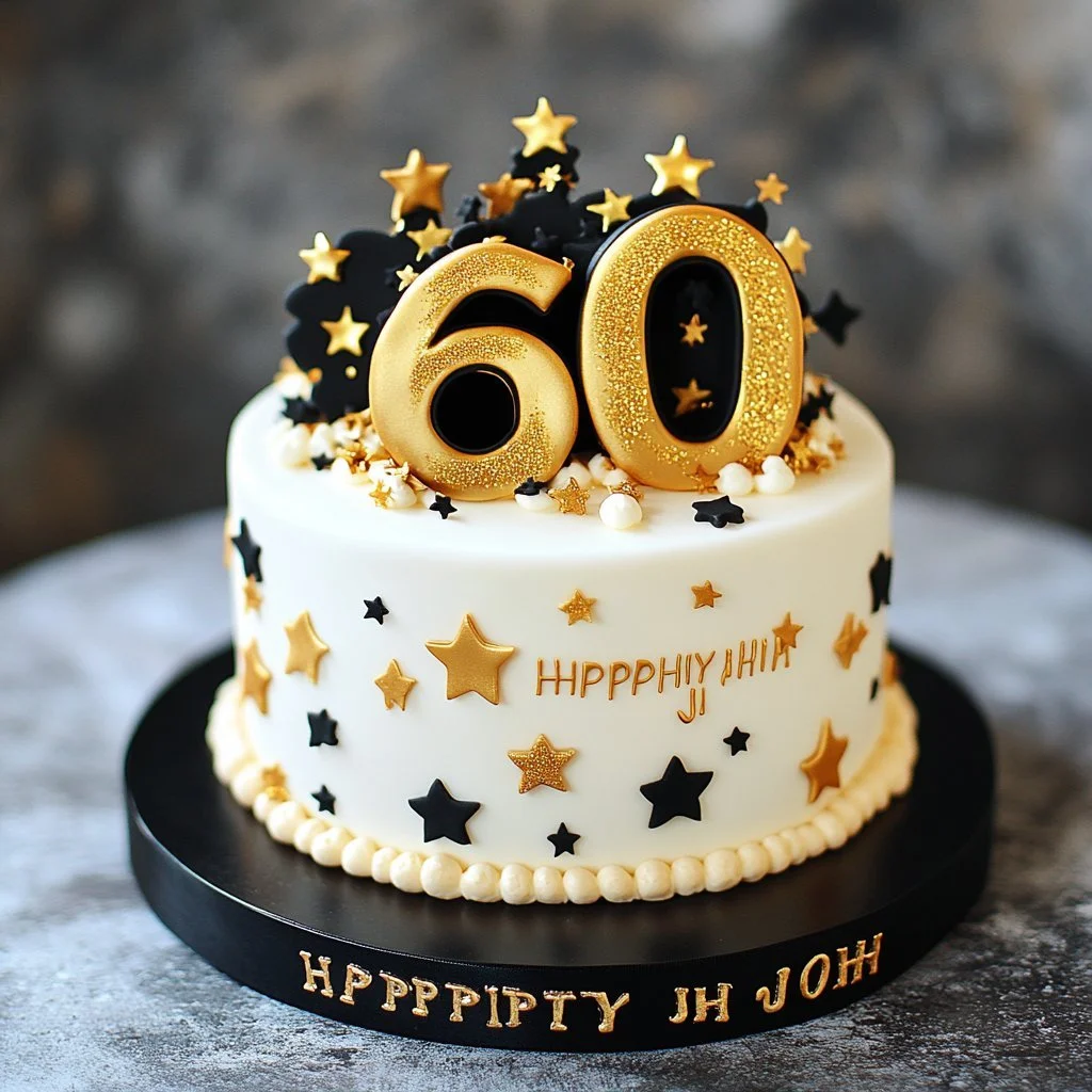 Torta di compleanno elegante per festeggiare 60 anni con decorazioni personalizzate.
