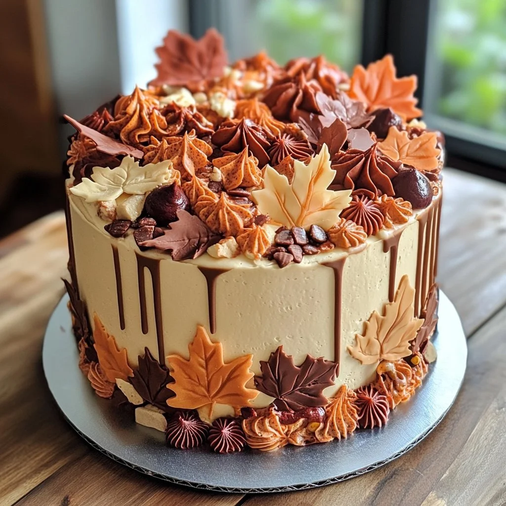Torta di compleanno in stile foglia d'autunno decorata con colori vivaci.