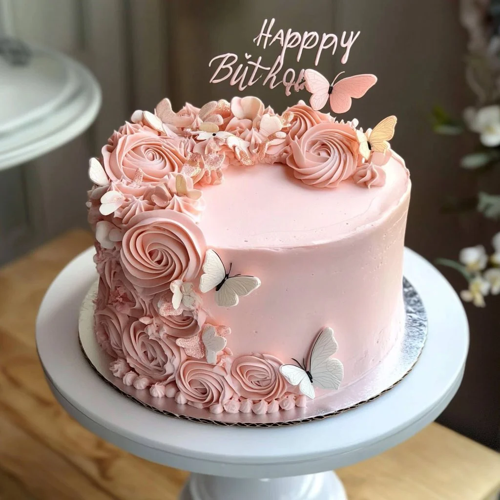 Deliziosa torta di compleanno unica decorata con cioccolato e frutta fresca.