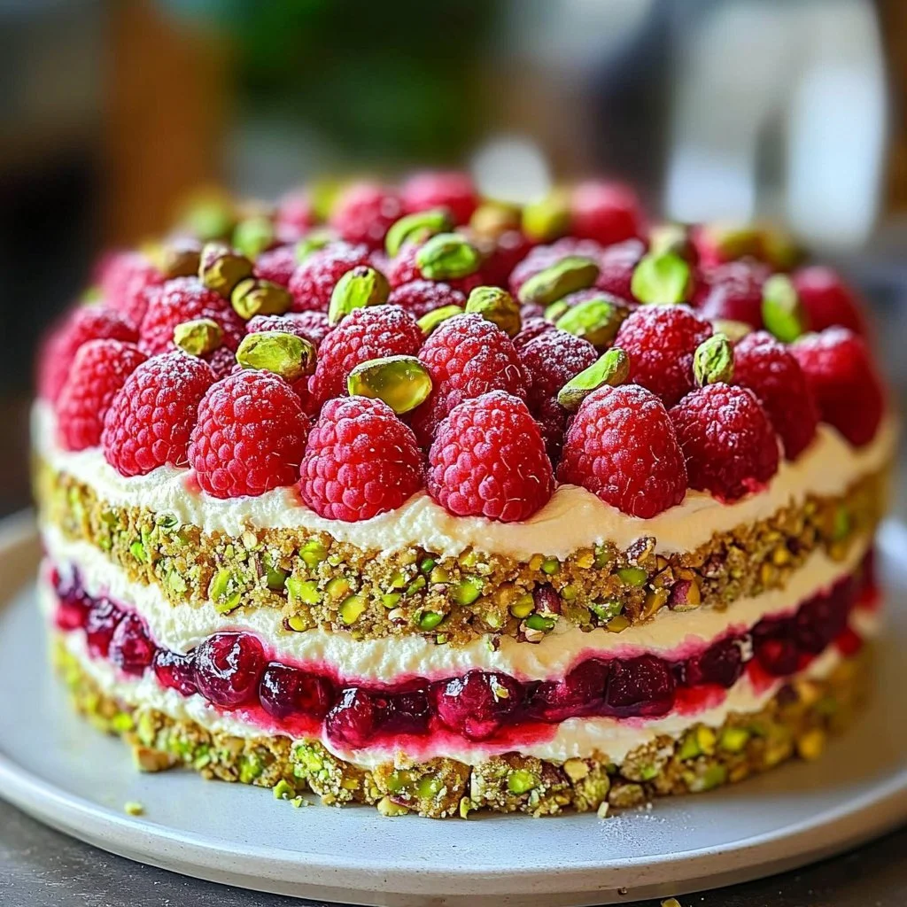 Torta Divina alle Pistacchi e Lamponi, dolce colorato e gustoso.