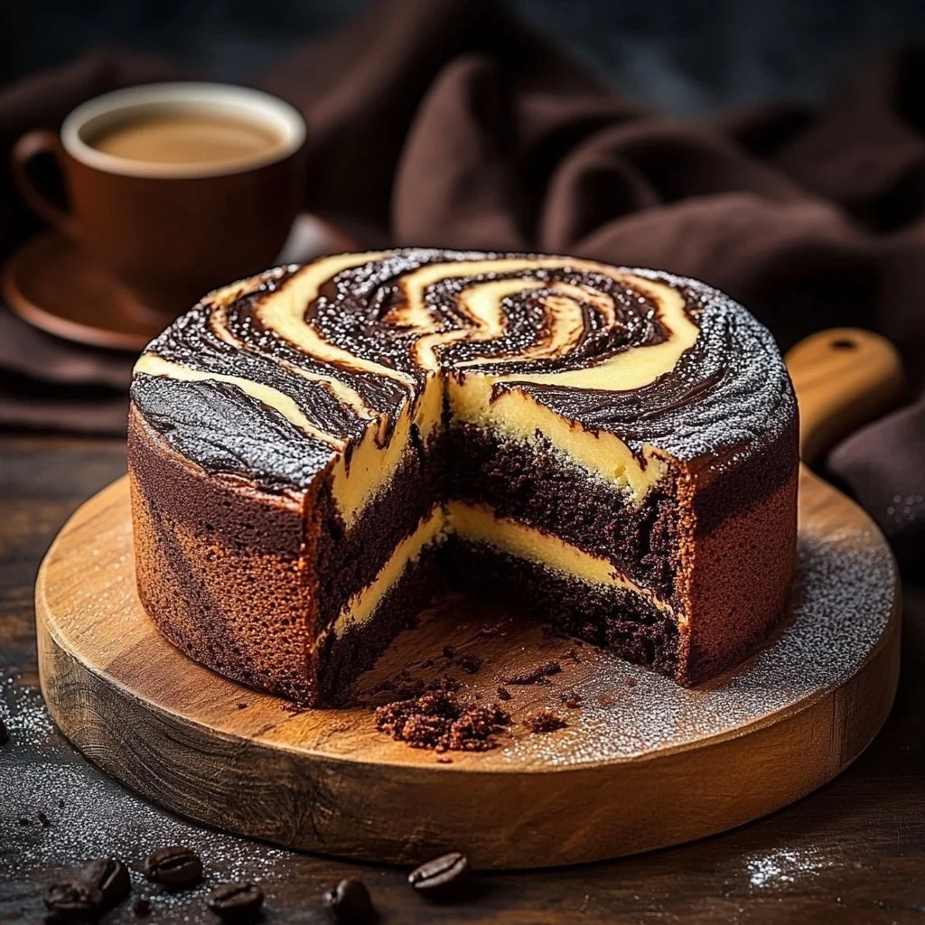 Torta marmorizzata cioccolato-vaniglia decorata con cacao