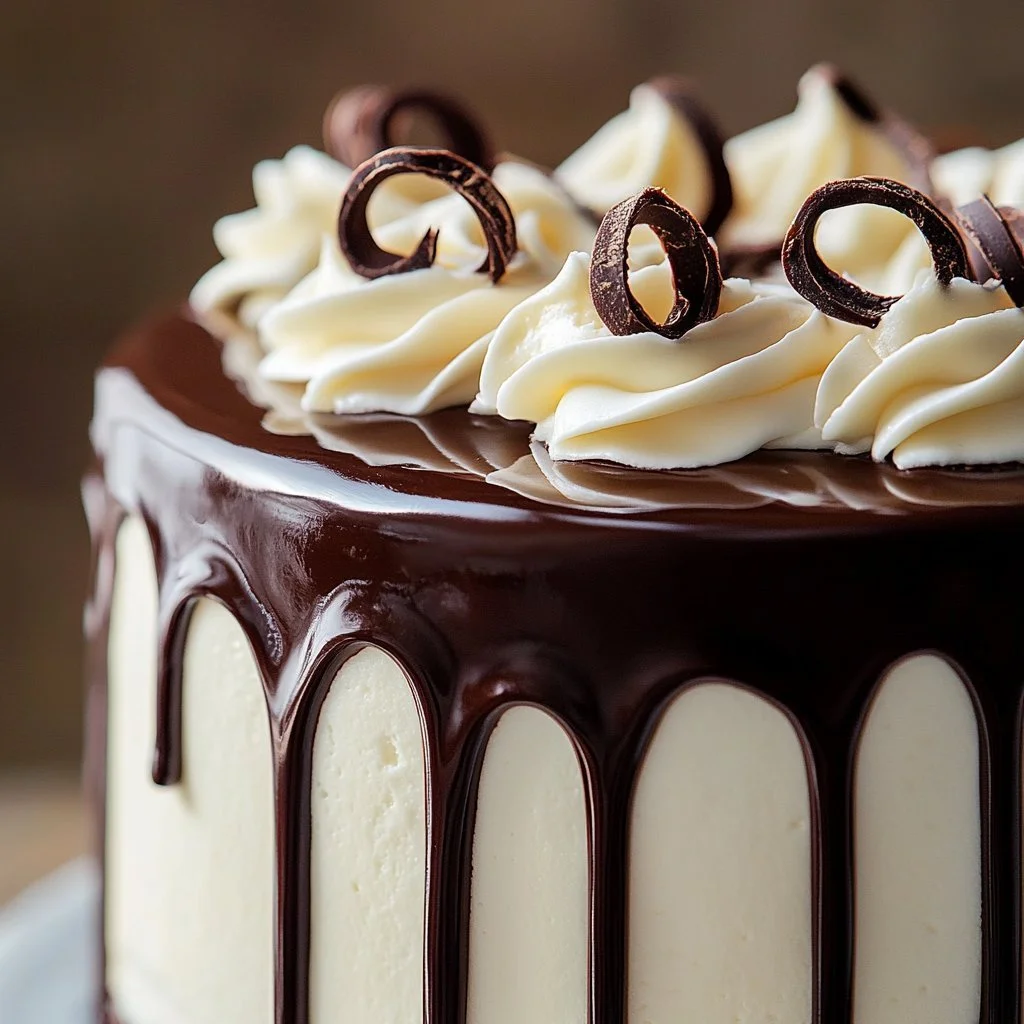Torta mezzo brownie mezzo entremets vaniglia decorata con cioccolato e crema