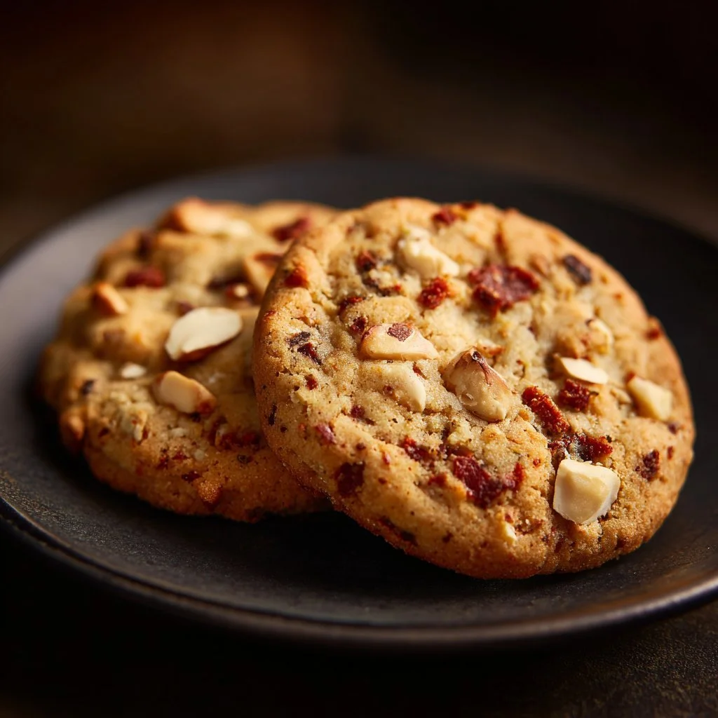 Biscotti salati al parmigiano, chorizo e noci serviti su un piatto.