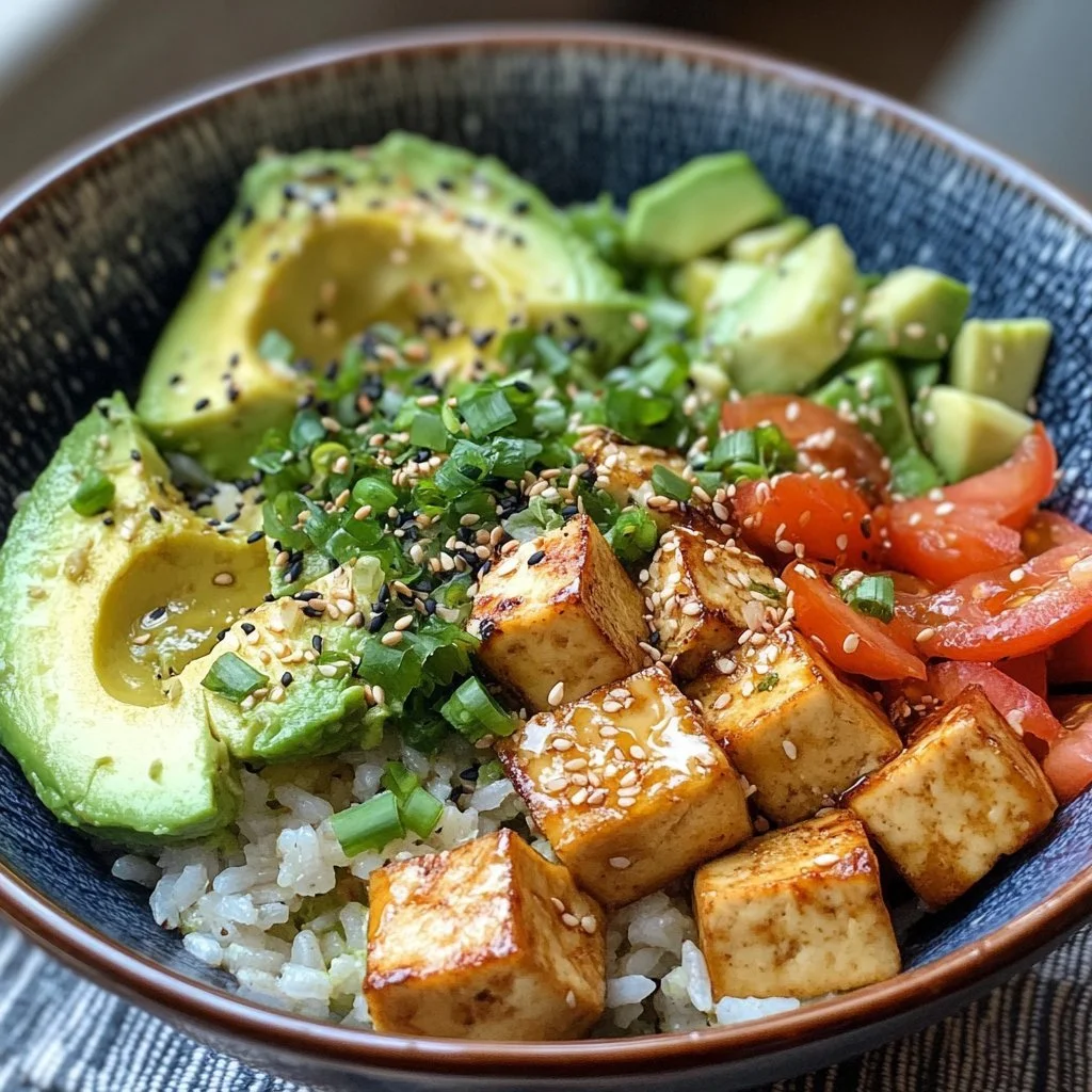 Bowl di riso cremoso con avocado e tofu, un piatto ricco e salutare.