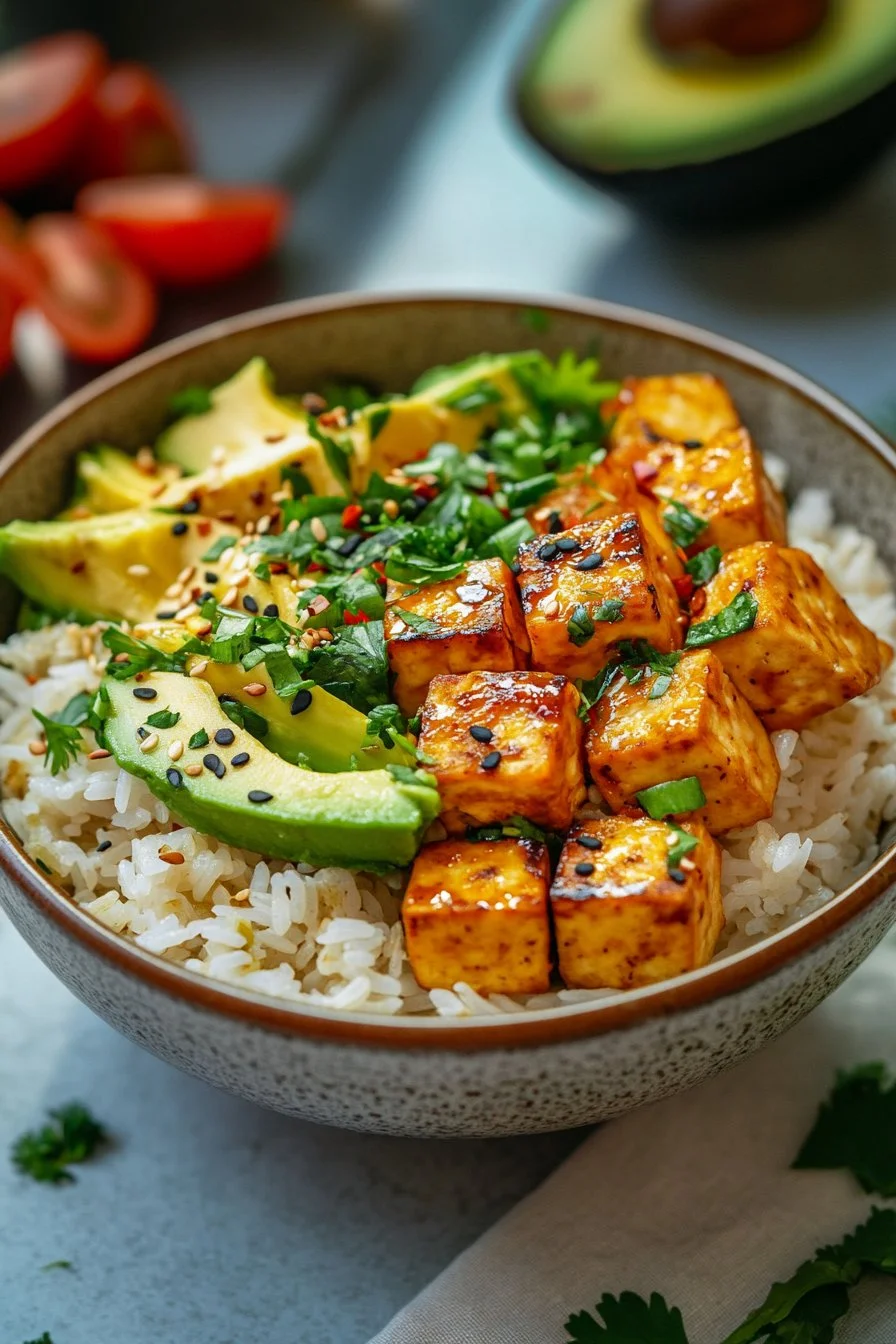 Bowl cremoso di riso con avocado e tofu