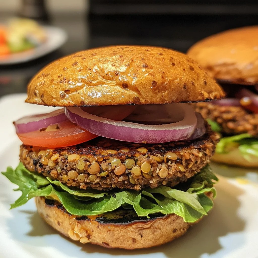 Burger di lenticchie facili e gustosi serviti su un piatto.