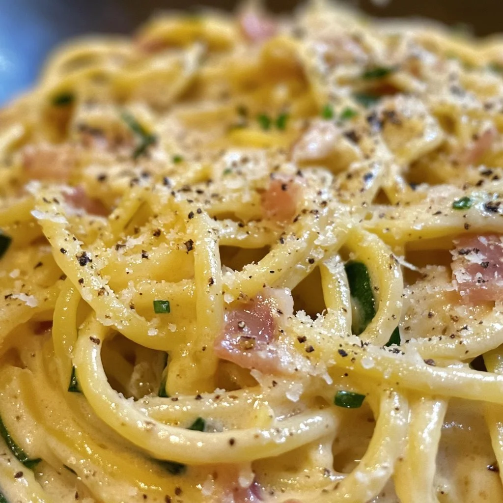 Piatto di carbonara leggera con zucchine fresche e ingredienti genuini.