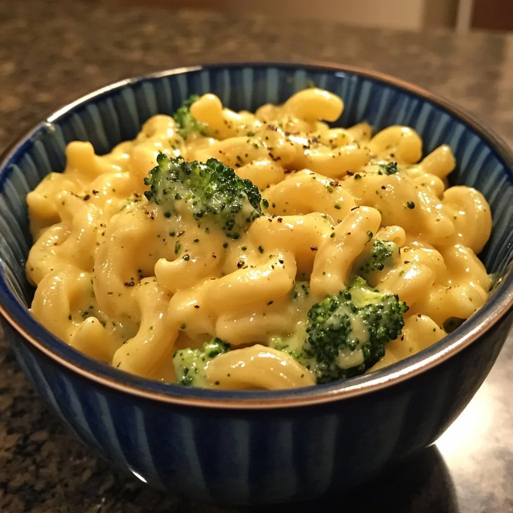 Casseruola di maccheroni con formaggio e broccoli pronta da servire.