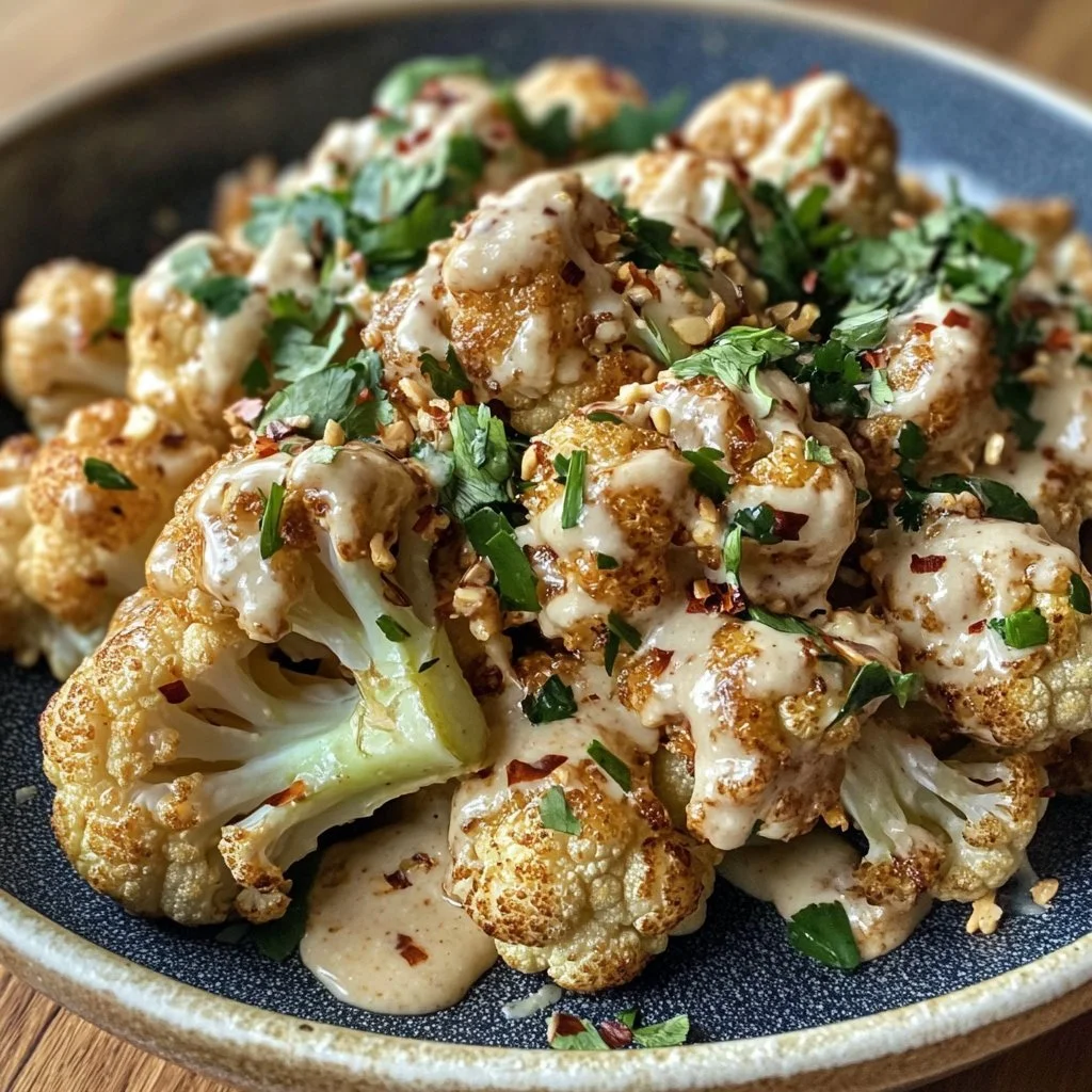 Cavolfiore marocchino al tahini e miele disposto su un piatto decorativo
