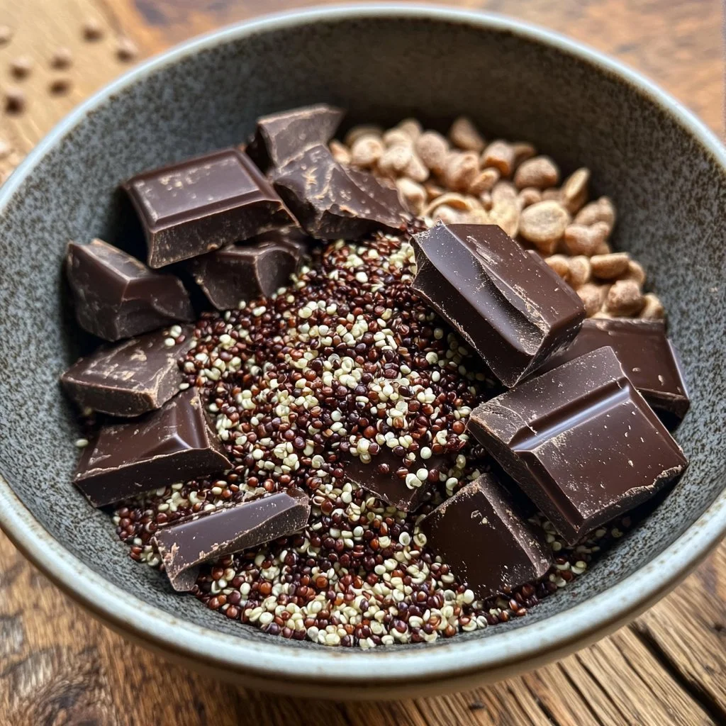 Cioccolato con quinoa croccante e ingredienti freschi