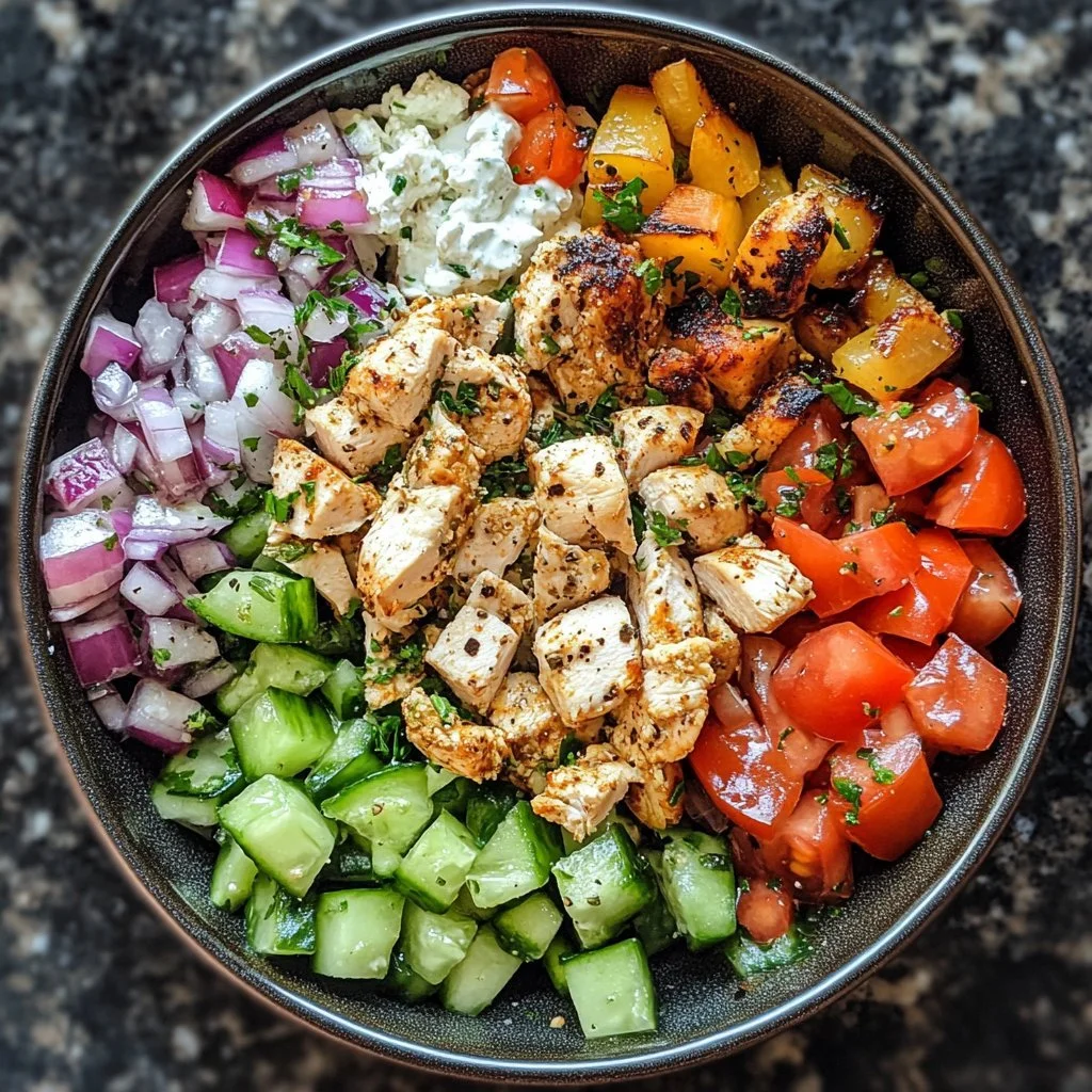 Ciotola di pollo greco con ingredienti freschi e colorati