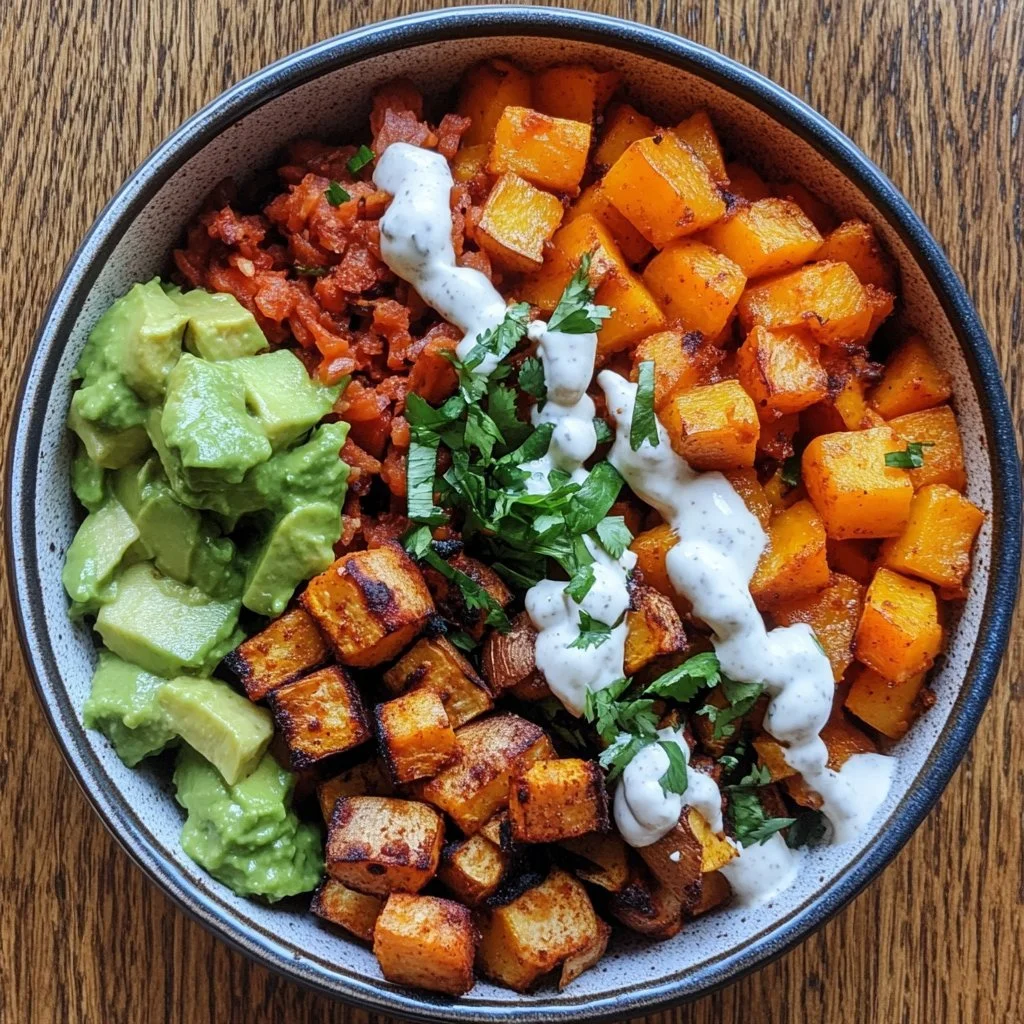 Ciotola di tacos di patate dolci con ingredienti freschi e colorati