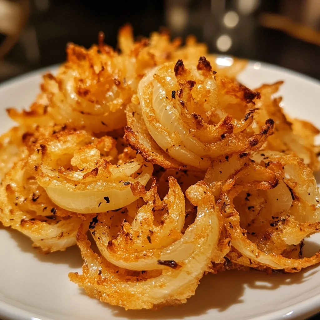 Cipolle fiorite sane cucinate nella friggitrice ad aria mini, piatto appetitoso e leggero.