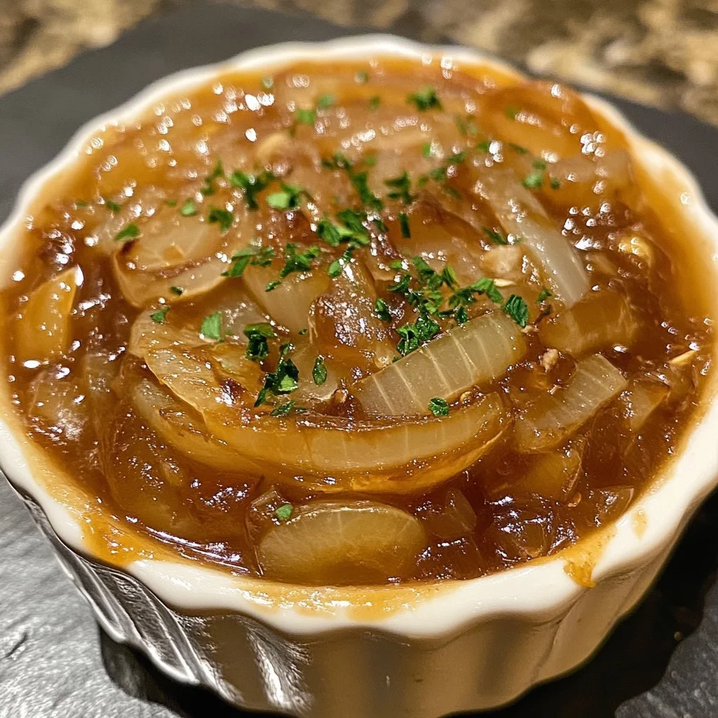 Composta di cipolle in stile pissaladière servita in un piatto.