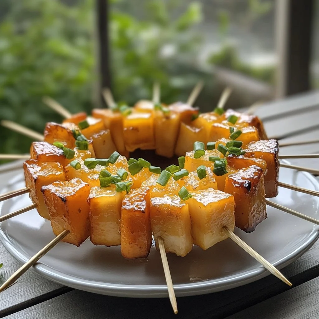 Corona di Spiedini Antipasti pronta da servire su un piatto decorativo.
