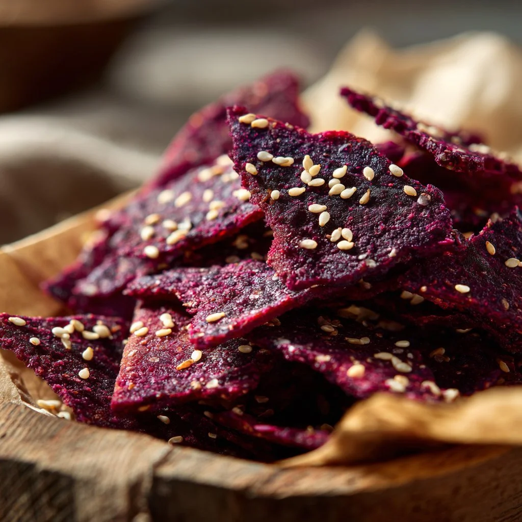 Crackers di barbabietola e sesamo croccanti su un piatto