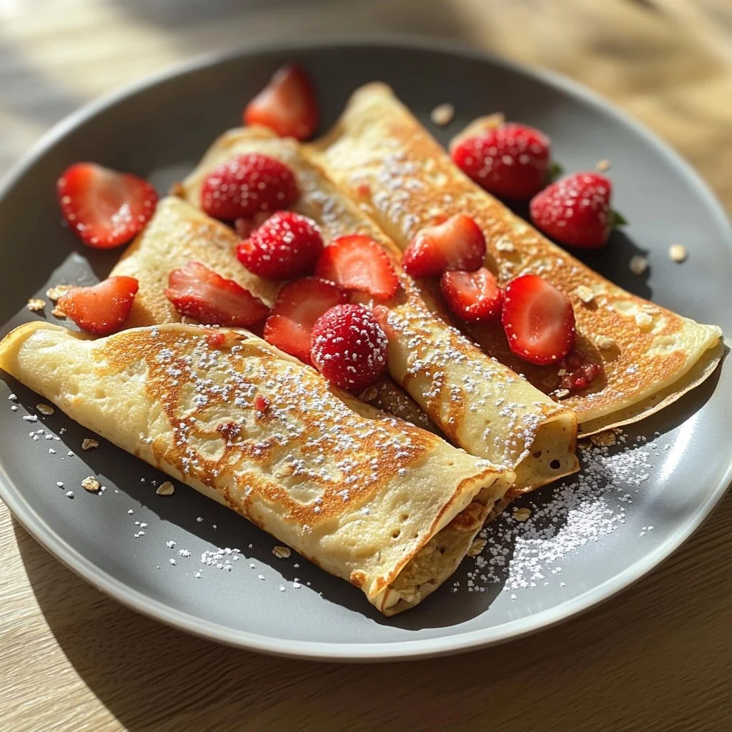Deliziose crêpes di avena servite con frutta fresca.