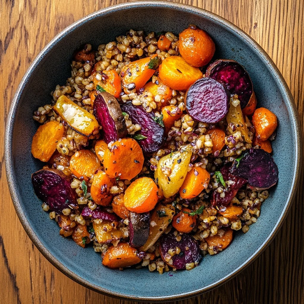 Piatto di farro piccolo con verdure invernali arrosto, colorato e salutare.