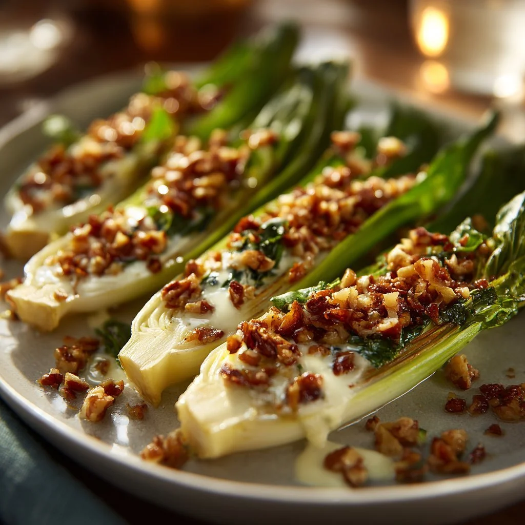 Gratin di cicoria con Roquefort e noci servito in un piatto elegante.