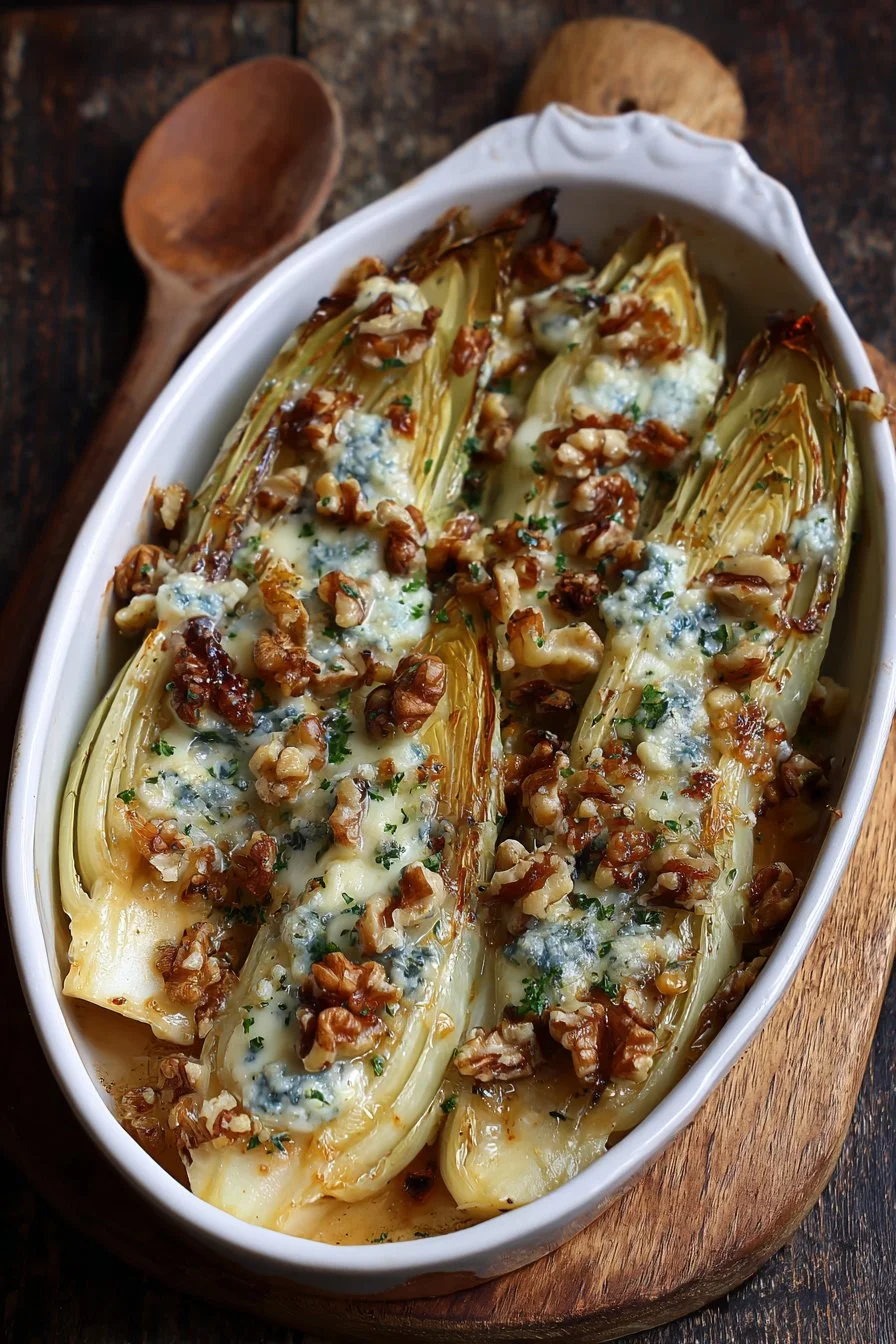 Gratin di cicoria con Roquefort e noci
