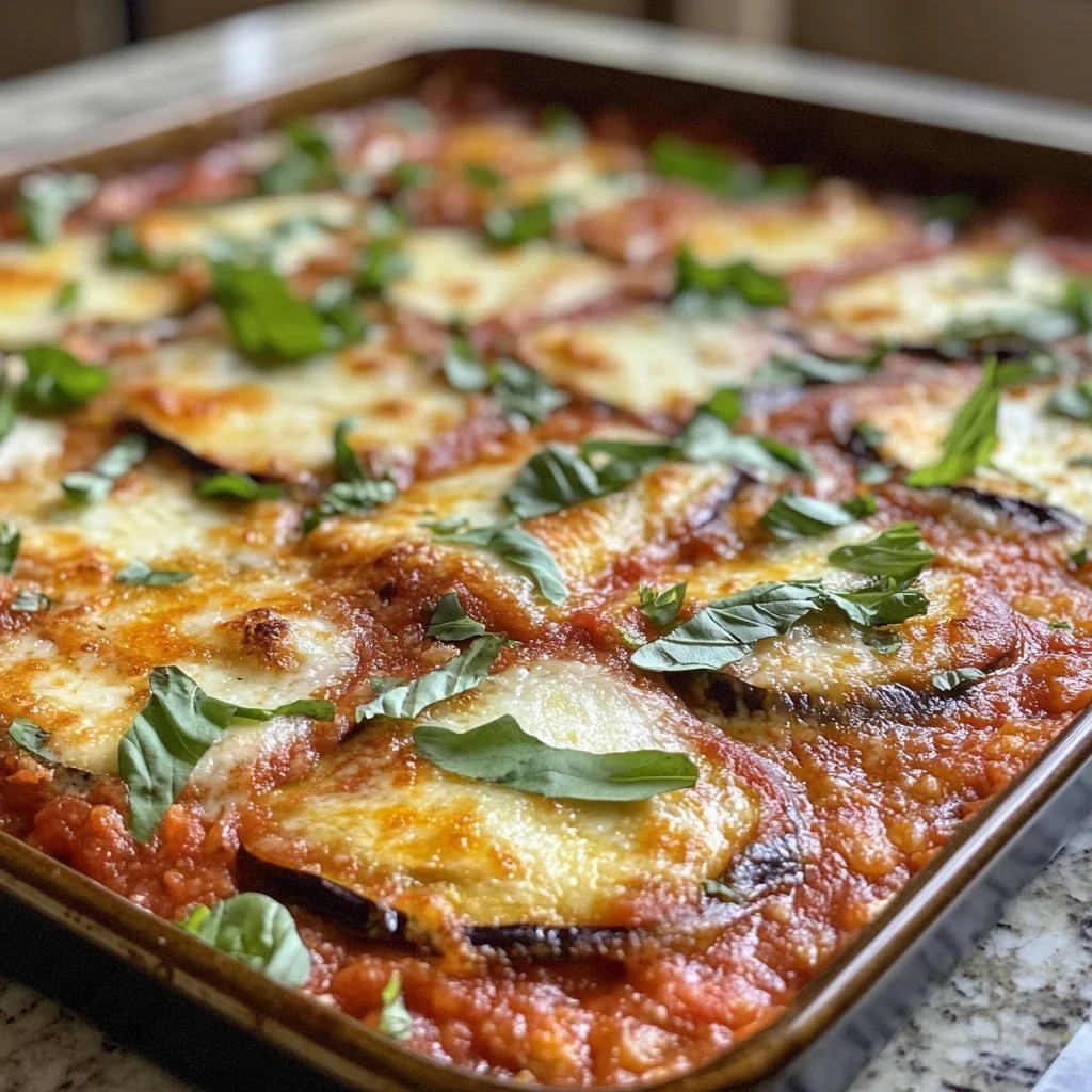 Piatto di Gratin di Melanzane al Parmigiano appena sfornato