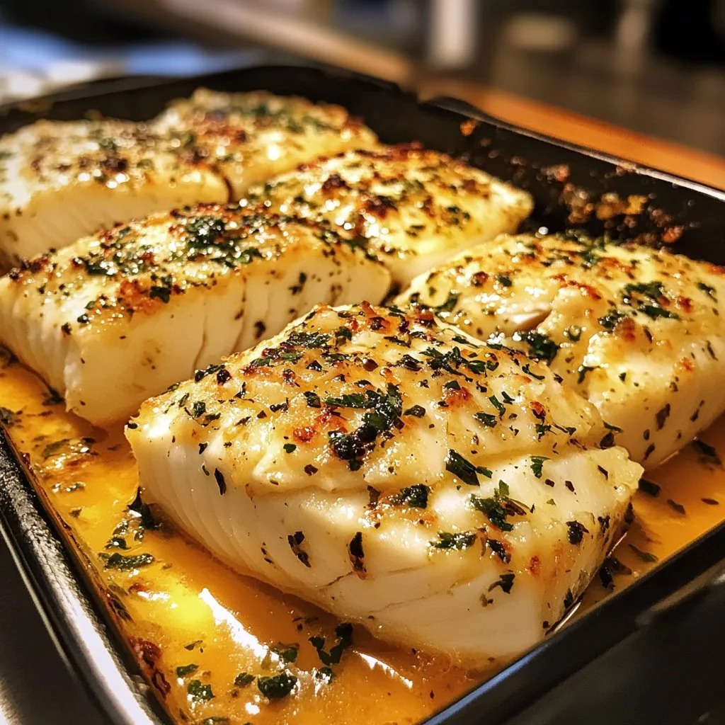 Halibut al forno con aglio e parmigiano, piatto gustoso e facile da cucinare.